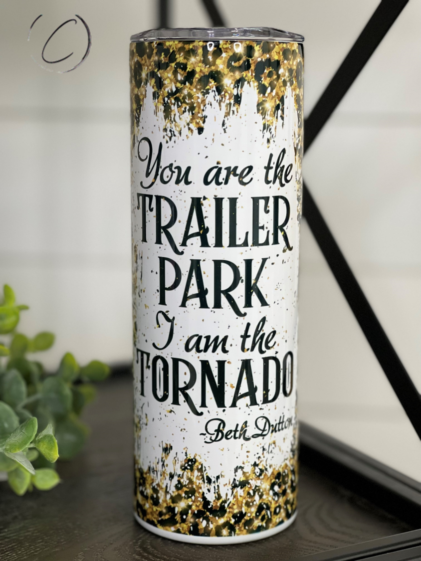 I Am The Tornado Beth Dutton 20oz Skinny Tumbler featuring a vibrant full wrap design, perfect for fans of the show.